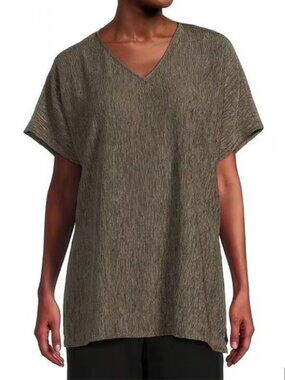 *NWT* EILEEN FISHER WOVEN PLISSE V-NECK DOLMAN SLEEVE TUNIC TOP_TAUPE_L_$168